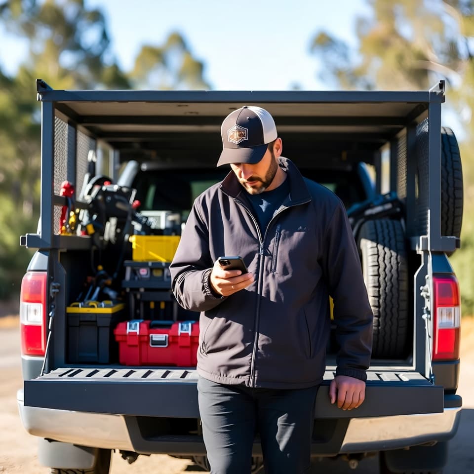 A field-service technician at a truck preparing for the morning route — the operational moment of dispatch going live.