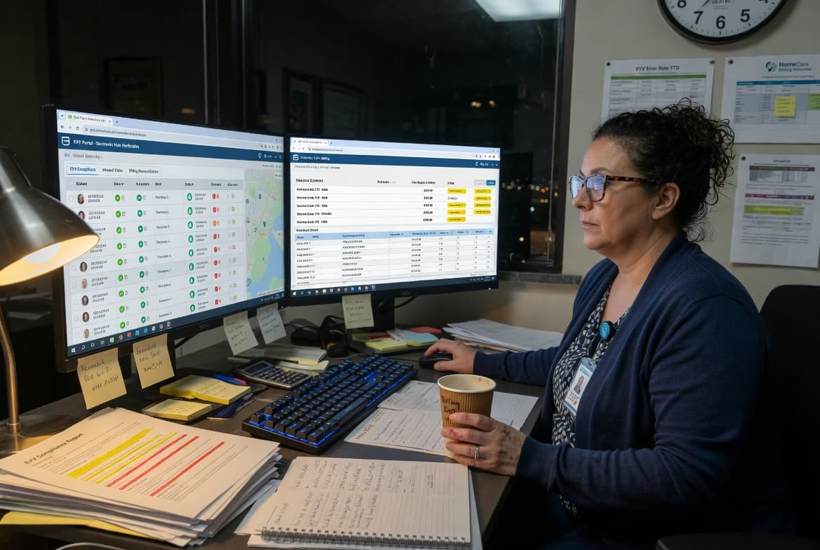 A billing manager working late at a desk with multiple monitors showing different EVV portals — the Saturday work nobody talks about.