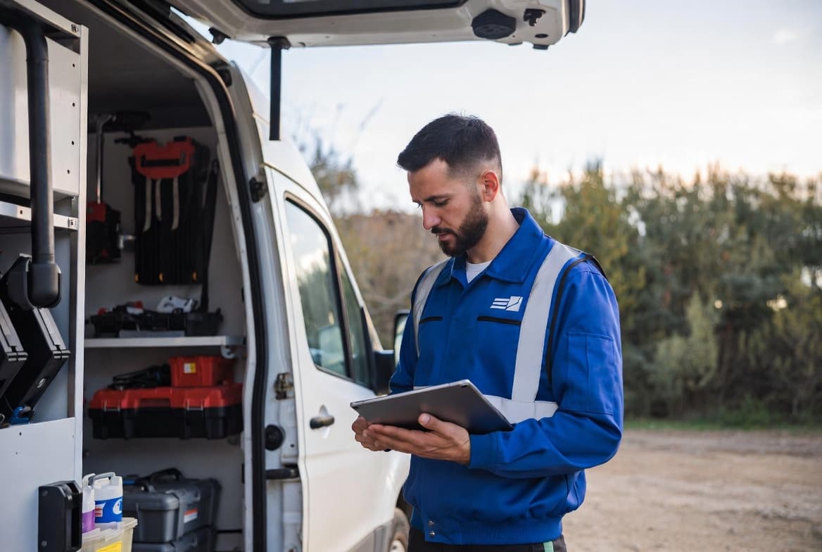 A technician at the back of a truck reviewing notes on a phone after a job — the moment an invoice usually never gets started.